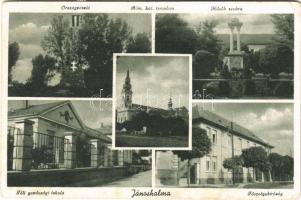 1950 Jánoshalma, Téli gazdasági iskola, Országzászló, Római katolikus templom, Hősök szobra, emlékmű, Főszolgabíróság (EK)