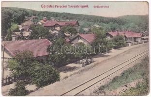 1917 Pereces (Miskolc), Diósgyőri m. kir. vas- és acélgyár bányatelepe, Erdősor utca, vasútvonal. Szilágyi Arthur műintézetéből (Rb)