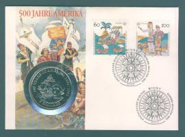 Cook-szigetek 1991. 5$ Ag "500 éves Amerika" érmés, bélyeges borítékon T:1