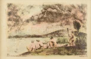 9 db Balaton rézkarc, üvegezett fa keretben, jelzett, 9x13cm