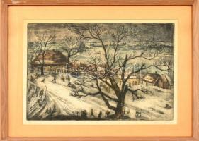 Duray Tibor (1912-1988): Téli örömök. Színezett rézkarc, papír, jelzett, üvegezett fa keretben, 29×39 cm