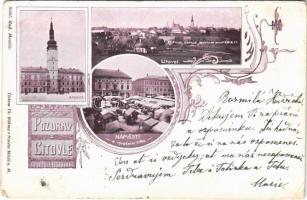 1902 Litovel, Littau; Radnice, Námestí a vyracním trhu / town hall, general view, square with market. Art Nouveau, floral (EB)