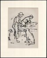 Rippl-Rónai József (1861-1927): Leselkedő kutyák. Nyomat papír, jelzett a nyomaton, paszpartuban, 22×16 cm