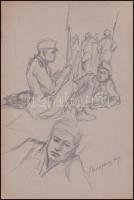 Mednyánszky jelzéssel: Pihenő katonák. Ceruza, papír, 30x20 cm