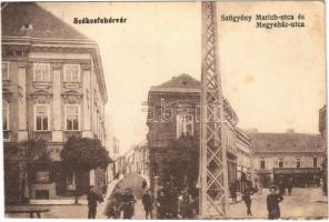 1917 Székesfehérvár, Szögyén Marich és Megyeház utca, Herczeg Sándor és társa üzlete. Vasúti levelezőlapárusítás 3975.