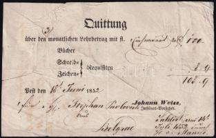 1852 Belgrád, tandíj befizetését igazoló német nyelvű nyugta, kisebb szakadással, hajtásnyomokkal