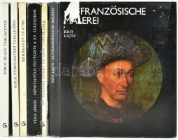 A Corvina kiadó festészetet bemutató sorozatának 6 kötete:  Végh János: XV. századi német és cseh táblaképek.;  Végh János: Németalföld festészete a XV. században;  Czobor Ágnes: Rembrandt és köre.;  Urbach Zsuzsa: Korai németalföldi táblaképek.;  Boskovits Miklós: Korai olasz táblaképek.;  Lajta Edit: Altfranzösische Malerei.; Bp.,1966- 1980, Corvina. Gazdag képanyaggal illusztráltak. Kiadói egészvászon-kötés, kiadói papír védőborítókban, változó állapotban, közte kopott borítókkal, egy papírborítón kis hiánnyal.
