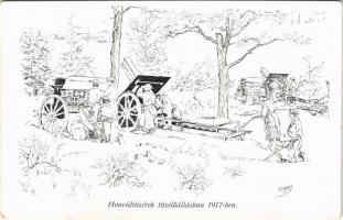 Honvéd tüzérek tüzelőállásban 1917-ben. Honvédség története 1868-1918 / WWI Austro-Hungarian K.u.K. military art postcard, artillery in firing position s: Garay (EK)