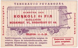 Budapest VI. Konkoli és Fia szállítók reklámlapja. Teherautó fuvarozás. Mindennemű árufuvarozás. Andrássy út 66.