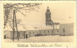 1932 Ruszt, Rust am Neusiedlersee; Fröhliche Weihnachten aus Rust / Karácsonyi üdvözlet. Tér télen, üzletek / Christmas greetings, square in winter. Karl Allmann photo