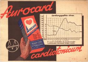 1944 Aurocard cardiotonicum a vizelet növekedésére és pulzusszám csökkenésére. Szilágyi Imre gyógyszerész Dr. Madaus & Co. megbízásából / Hungarian medicine advertisement (EK)