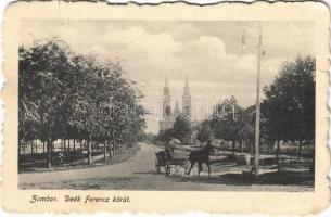 1919 Zombor, Sombor; Deák Ferenc körút, lovaskocsi, templom. Theofanovic kiadása / street view, horse-drawn carriage, church (szakadások / tears)