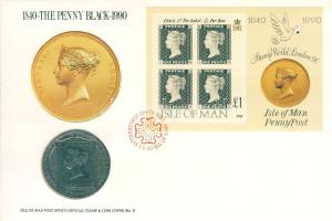 Man-sziget 1990. 1C "Black penny" érmés, bélyeges borítékon T:2