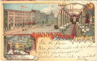 1899 Budapest VIII. Pannónia szálloda, villamos, belső. Kosmos Art Nouveau litho s: Geiger R. (Rb)