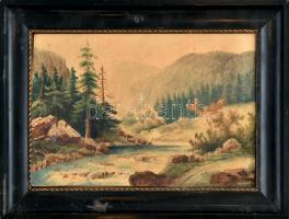 Ebenspanger (?) jelzéssel, feltehetően a XIX. sz. végén működött festő alkotása: Hegyvidéki táj. Akvarell, papír., lapon apró foltokkal. Régi, kissé kopott fa keretben. 20x29 cm