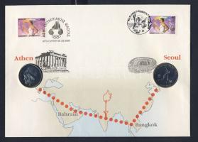 Görögország 1986. 20Dr T:2 + Dél-Korea 1988. 1000W "Tenisz" T:1 Közös érmés, bélyeges borítékon