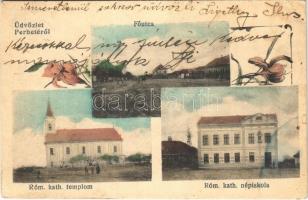 1918 Perbete, Pribeta; Fő utca, Római katolikus templom és iskola / main street, Catholic church and school. Floral (Rb)