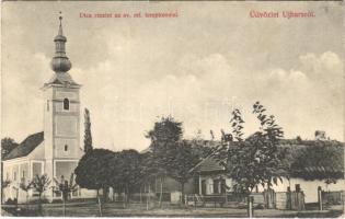 1912 Újbars, Novy Tekov; utca részlet, református templom / street view, Calvinist church (kis szakadás / small tear)