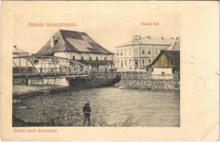 1910 Breznóbánya, Brezno nad Hronom; Vasúti híd, bútorraktár, üzlet. Baittrok Dezső kiadása / railway bridge, furniture store, shop (fl)
