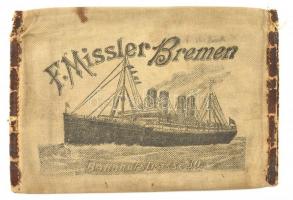 cca 1910 F. MIssler Bremen reklámos jegytartó, magyar reklámmal kivándorlóknak. Szövet, szakadással
