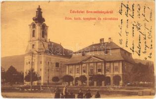 1908 Breznóbánya, Brezno nad Hronom; Római katolikus templom, Városháza. Kreisler József kiadása / Catholic church, town hall (fa)