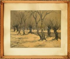 Csabai Wágner József (1888-1967): Téli táj. Ceruza, lavírozott tus, papír, jelzett, üvegezett fa keretben, kissé foltos paszpartuval, 26×36 cm
