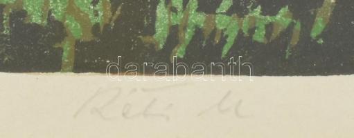 Réti Mátyás (1922-2002): Táj. Színes linómetszet, papír, jelzett, üvegezett fa keretben, 24×32 cm