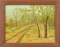Megyeri József (?-): Tavasz. Olaj, vászon, kartonra kasírozva. Jelzett. Fa keretben, 26,5×34 cm