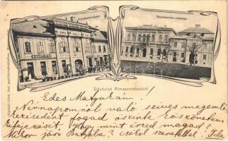 1905 Rimaszombat, Rimavská Sobota; Erzsébet tér, Miskolczy István üzlete, Takarékpénztár, Városháza. Lévai Izsó kiadása / square, shops, savings bank, town hall. Art Nouveau (EK)