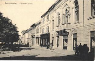 1911 Rimaszombat, Rimavská Sobota; Erzsébet tér, étterem és kávéház, Lévai Izsó üzlete és saját kiadása / square, restaurant and café, publishers shop (EK)