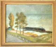 Dienes István (1905-1977): Vízparti táj (Balaton?). Olaj, farost, jelzett. Üvegezett, kissé kopott fa keretben, 50x60 cm