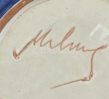 Mihály Béla (1930-2001): Mázas kerámia dísztál. Kézzel festett. Jelzett. Apró hajszálrepedéssel d: 3...