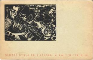 1939 Dr. Némedy Gyula ügyvéd reklámlapja. Szeged, Kálvin tér 2./I./5. fametszet / Hungarian lawyers advertisement postcard, woodcut s: Bordás Ferenc