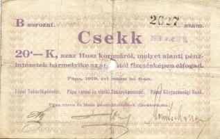 Pápa 1919. "Pápai csekk" 10K (2x), 20K (2x) lyukasztással érvénytelenítve T:III,III-/IV