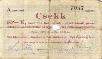 Pápa 1919. "Pápai csekk" 10K (2x), 20K (2x) lyukasztással érvénytelenítve T:III,III-/IV