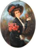 Olvashatatlan jelzéssel, feltehetően 1900 körül működött osztrák vagy német festő alkotása: Hölgy virágokkal. Olaj, vászon. Szélein egészen apró felületi sérülésekkel, kopásokkal. 67x50 cm