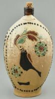 Pálinkás butéla. Mezőtúr XX. sz. Kézzel festett, feliratozott, mázas kerámia, kis lepattanással. 16 cm