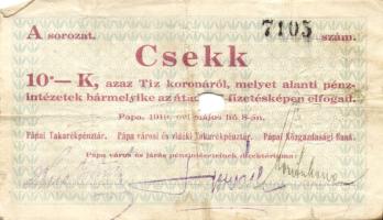Pápa 1919. "Pápai csekk" 10K (2x), 20K (2x) lyukasztással érvénytelenítve T:III-,III-/IV
