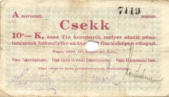Pápa 1919. "Pápai csekk" 10K (2x), 20K (2x) lyukasztással érvénytelenítve T:III-,III-/IV