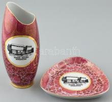 2 darabos Hollóházi porcelán szett Bodrog áruház, Sárospatak. Váza, tálka. sz 16 cm, m: 21 cm