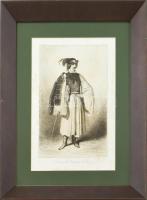 Théodore Valerio (1819-1879): Heves megyei földműves népviselete, 1851-54 körül. Rézmetszet, hidegtű, papír, jelzett a metszeten, üvegezett fa keretben, kissé foltos, 29x18,5 cm