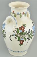 Füles dísz váza. Mázas kerámia, kézzel festett, jelzés nélkül, kis mázhibával. 34 cm