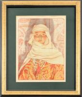 Louis-Auguste Girardot (1856-1933): Keleti szépség (Femme du Riff). Színes litográfia, papír, jelzett a litográfián, üvegezett fa keretben, 31,5x23 cm