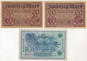 Német Birodalom 1908. 100M zöld pecséttel + 1918. 20M (2x) T:III,III- German Empire 1908. 100 Mark with green seal + 1918. 20 Mark (2x) C:F,VG