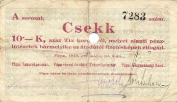 Pápa 1919. "Pápai csekk" 10K (2x), 20K (2x) lyukasztással érvénytelenítve T:III-,III-/IV