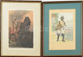 cca 1880-1900, 2 db katonai témájú metszet, papír, 30x20 és 23x18 cm, üvegezett fa keretben,