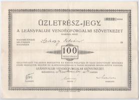 Budapest 1939. A Leányfalusi Vendégforgalmi Szövetkezet névre szóló üzletrész jegye 100P-ről, szelvényekkel