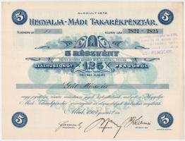 Mád 1927. Hegyalja-Mádi Takarékpénztár névre szóló, öt darab részvénye egyben összesen 125P-ről, szelvényekkel, bélyegzésekkel és szárazpecséttel T:I-