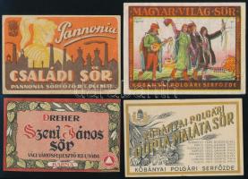 cca 1912-1940 4 db különféle régi sörcímke (Dreher, Pannonia Pécsi Sörfőző, Kőbányai Polgári Serfőzde)