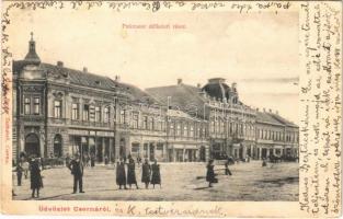 1906 Csorna, Palota sor délkeleti része, Vasudvar, Kokas Ferenc, Kokas Jenő, Kohn Mór üzlete, Központi szálloda